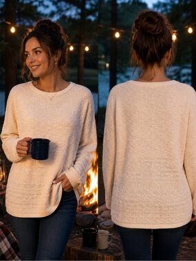 A Knitch Above Cream Textured Crewneck Sweater